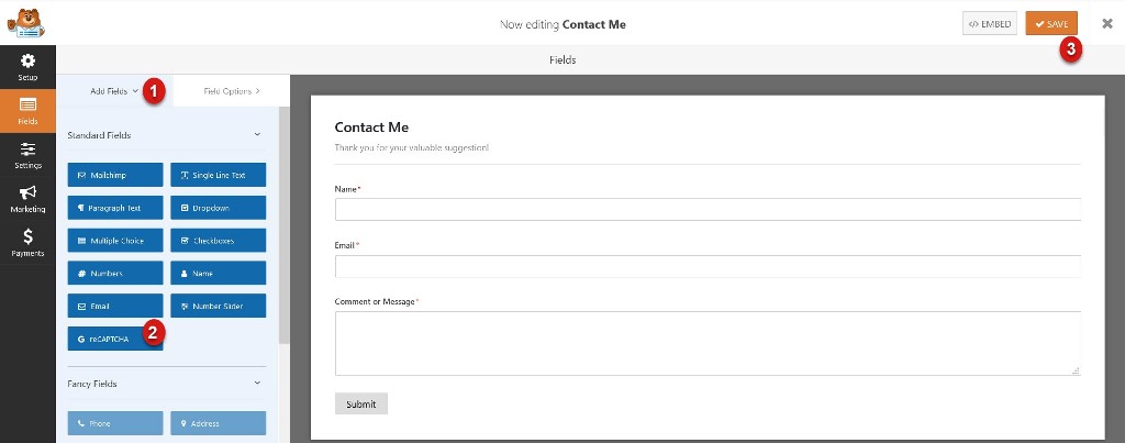 Recaptcha in wpforms 3